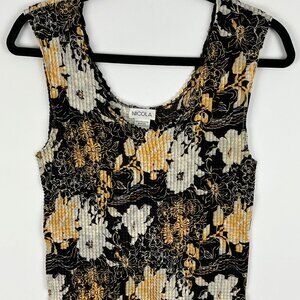 Nicola Top Blouse Camisole Size L Black Beige Wide Strap Pleated Floral Polyeste